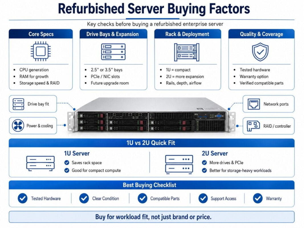 Refurbished server buying factors infographic showing CPU, RAM, storage, rack size, warranty, and compatibility checks
