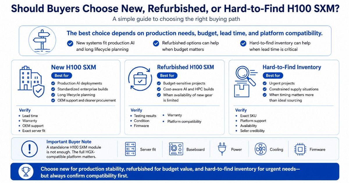 Infographic comparing new, refurbished, and hard-to-find H100 SXM buying paths with key verification points for each option.