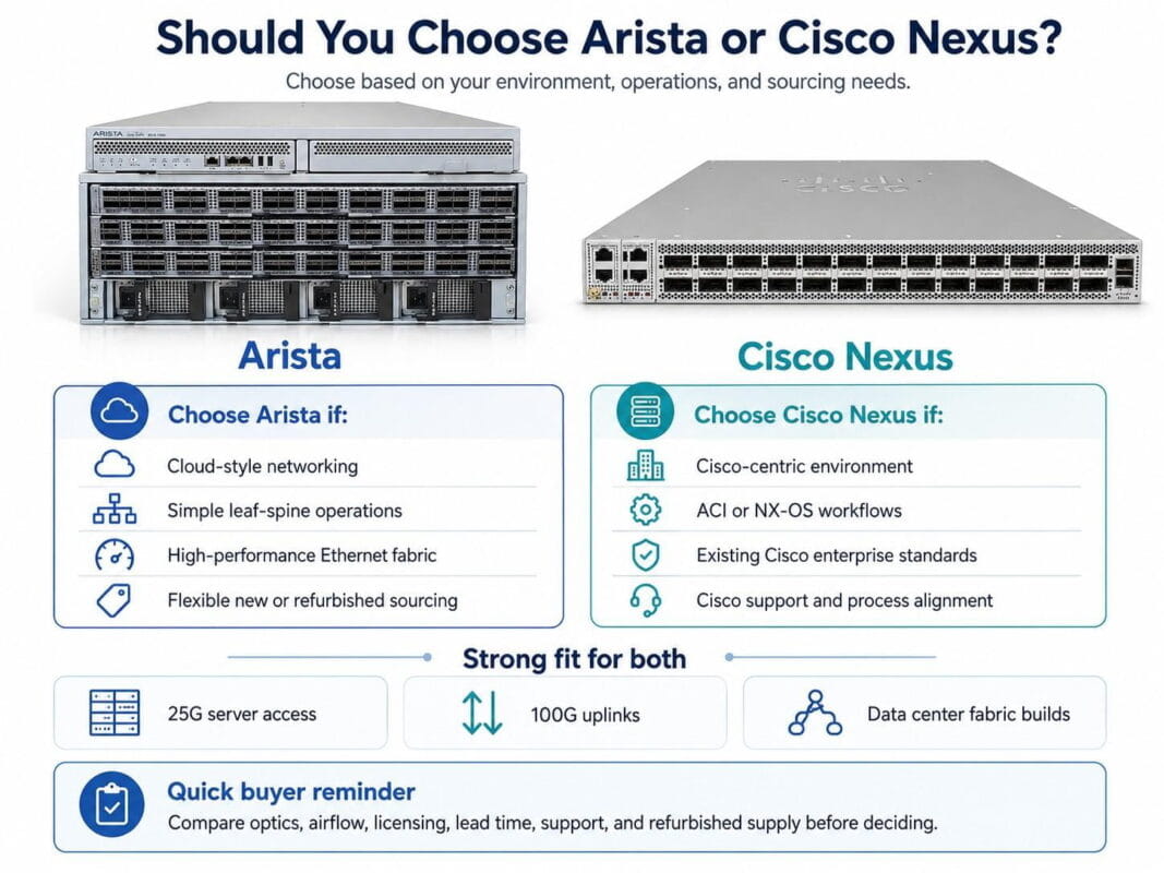 Arista and Cisco Nexus switch comparison infographic showing realistic product images and key buyer decision points.