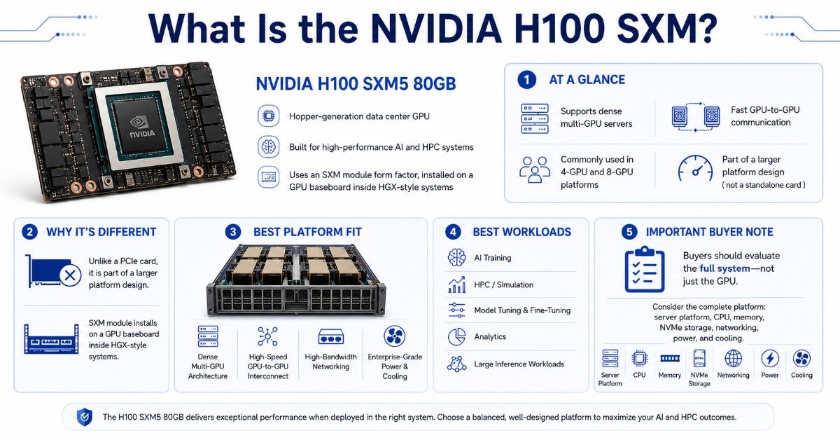 Infographic explaining NVIDIA H100 SXM5 80GB as a Hopper data center GPU for HGX systems, AI training, HPC, analytics, and large inference.