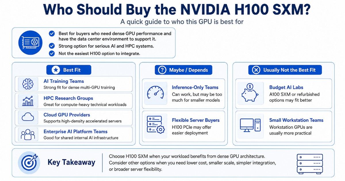 Infographic showing best-fit buyers for NVIDIA H100 SXM, including AI training teams, HPC groups, cloud GPU providers, and enterprise AI teams.