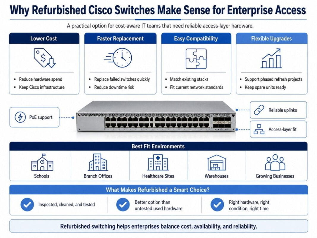 Infographic showing why refurbished Cisco switches lower costs, speed replacements, support upgrades, and improve enterprise access networks