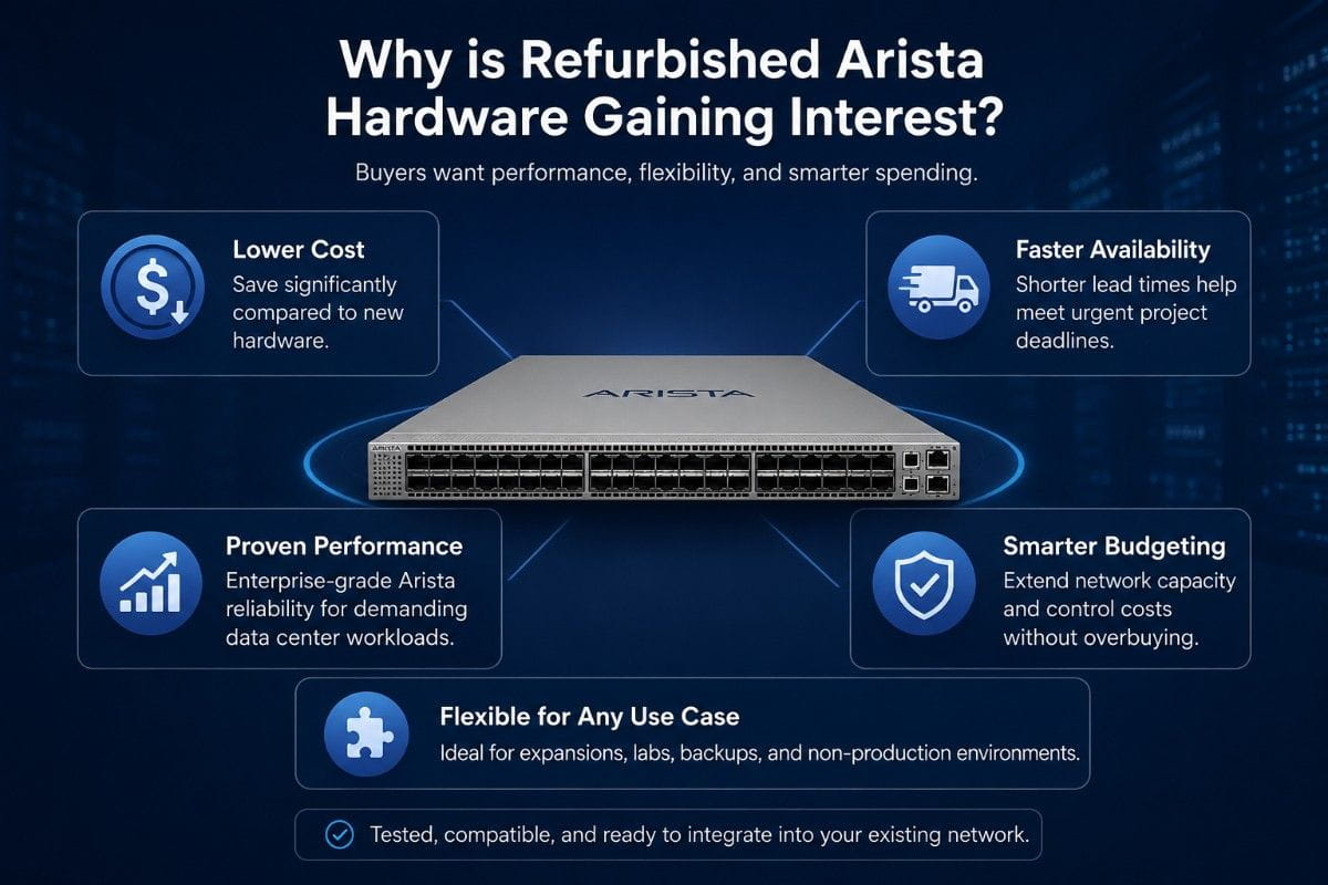 Dark blue infographic showing refurbished Arista benefits: lower cost, faster sourcing, labs, expansion, and backups.