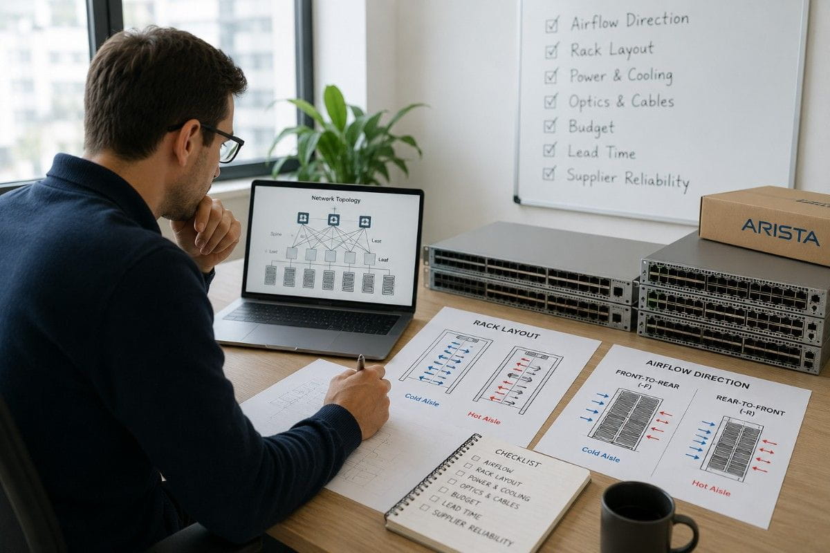 IT professional planning network airflow and rack layout beside Arista data center switches and topology diagrams.