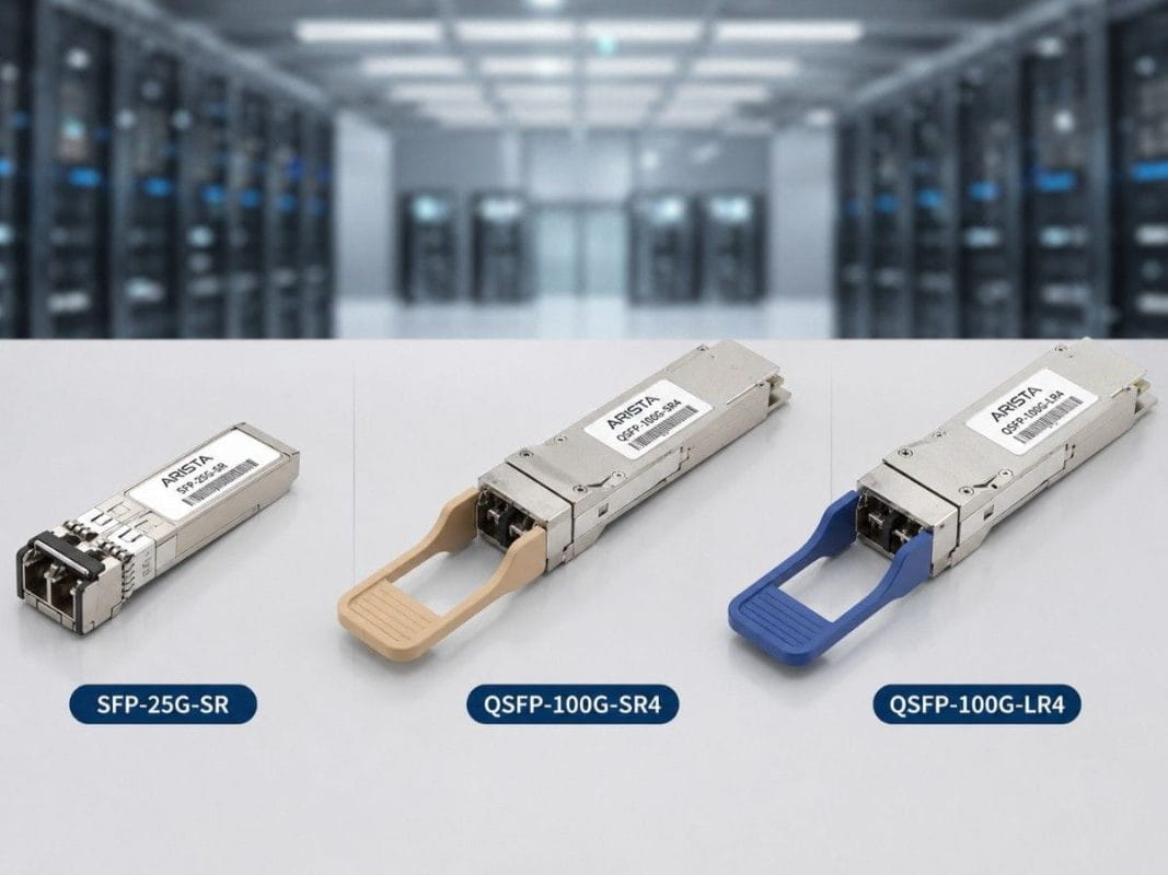 Arista SFP-25G-SR, QSFP-100G-SR4, and QSFP-100G-LR4 transceivers shown in a data center, highlighting short-range and long-range switch optics.