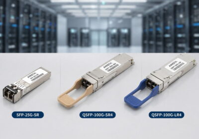 Arista SFP-25G-SR, QSFP-100G-SR4, and QSFP-100G-LR4 transceivers shown in a data center, highlighting short-range and long-range switch optics.