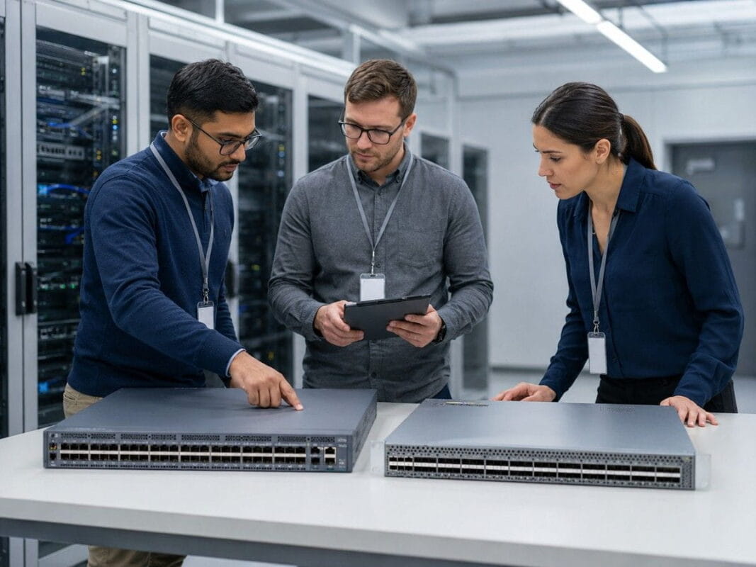 Buyers and network engineers review Arista data center switches on a table while comparing hardware options in a modern server room.