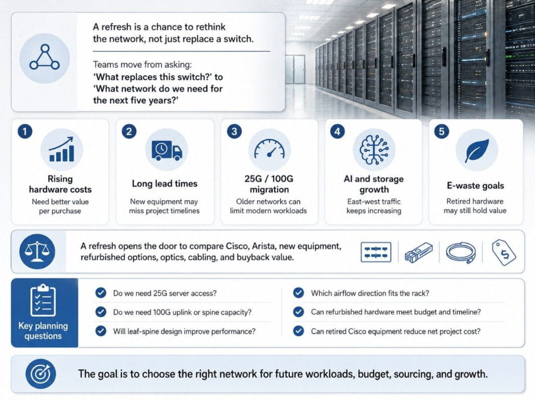 Infographic explaining why a data center refresh creates a need to compare vendors, highlighting rising hardware costs, long lead times, 25G and 100G migration, AI and storage growth, e-waste goals, optics, cabling, buyback value, and key planning questions.