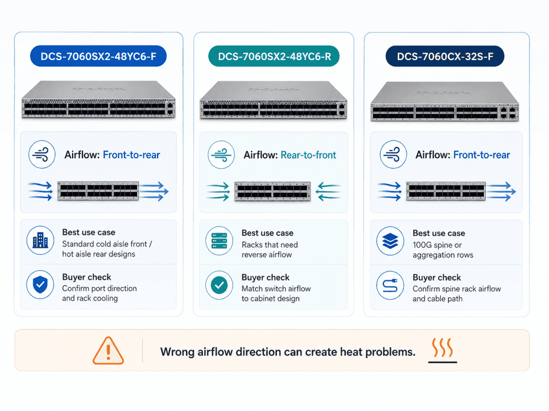 Comparison chart of Arista switch airflow models showing front-to-rear and rear-to-front cooling designs for different data center deployment needs.