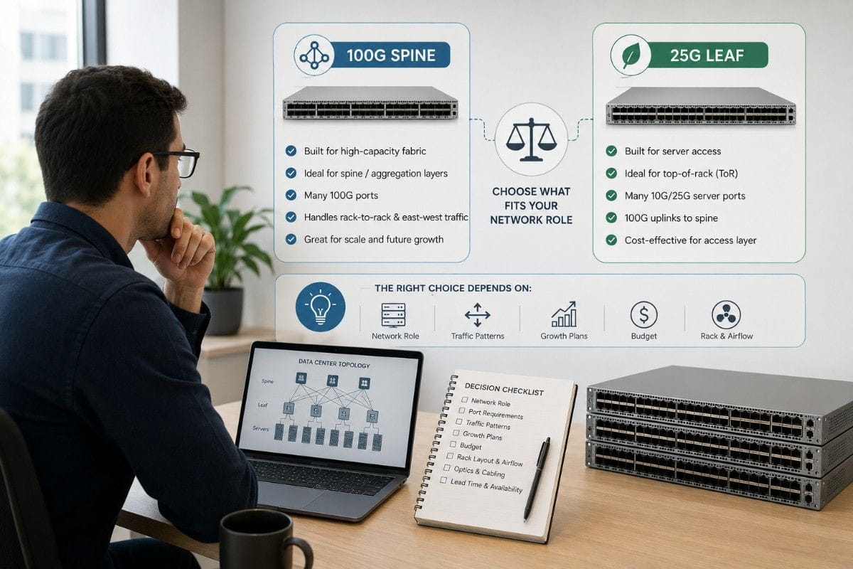IT professional reviews a 100G spine vs 25G leaf data center network decision guide with key factors like role, traffic, budget, and airflow.