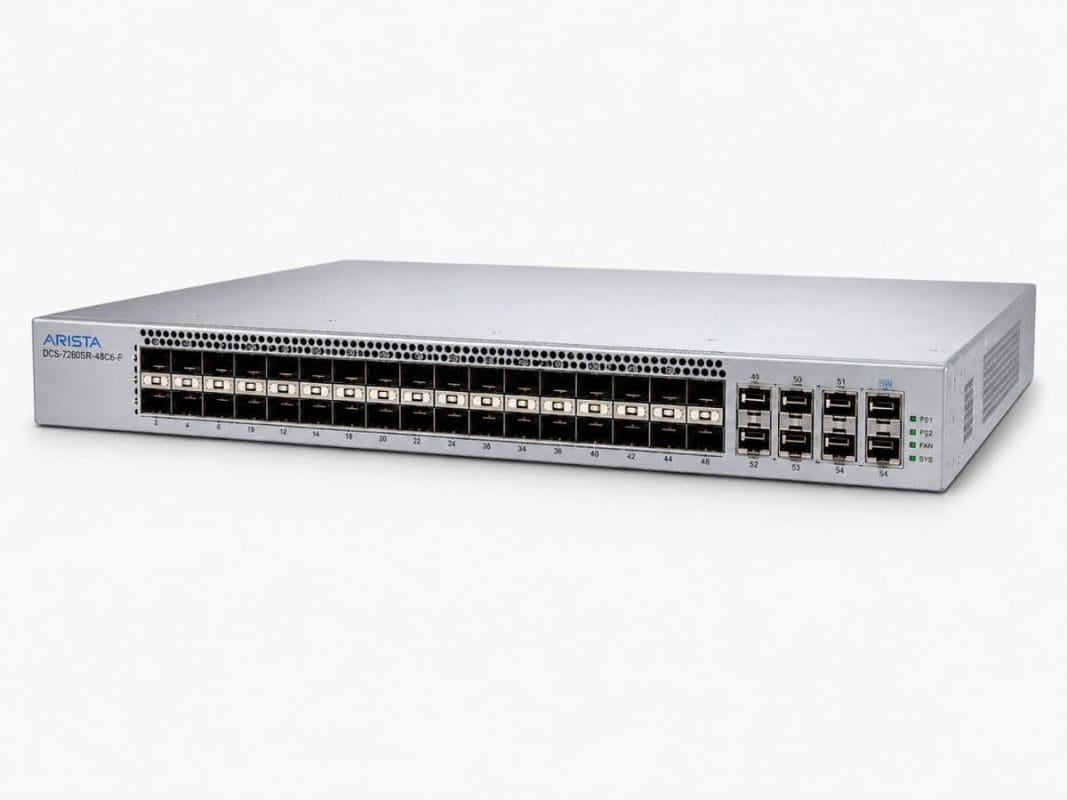Front angled view of the Arista DCS-7280SR-48C6-F data center network switch in a silver rack-mount chassis, featuring 48 high-speed ports and 6 uplink ports designed for high-performance enterprise and cloud networking.