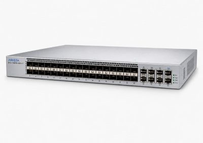 Front angled view of the Arista DCS-7280SR-48C6-F data center network switch in a silver rack-mount chassis, featuring 48 high-speed ports and 6 uplink ports designed for high-performance enterprise and cloud networking.