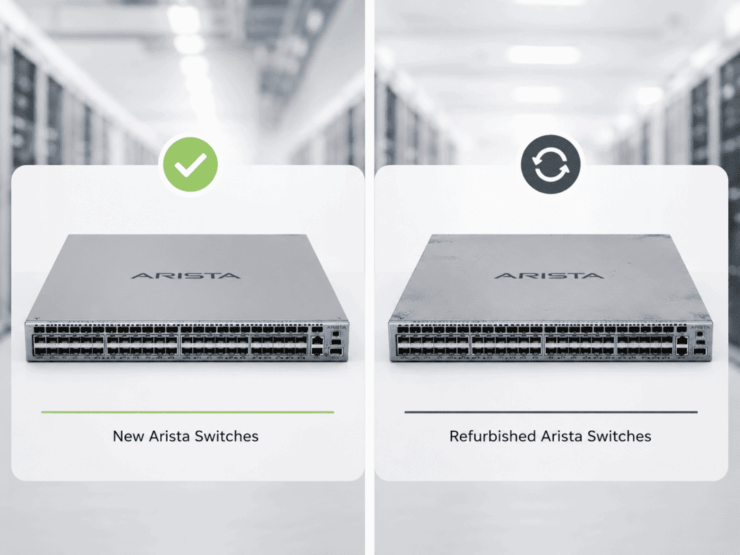 Side-by-side comparison of new and refurbished Arista switches in a data center, highlighting condition differences.