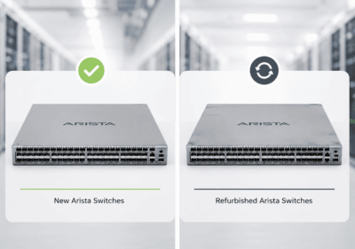 Side-by-side comparison of new and refurbished Arista switches in a data center, highlighting condition differences.