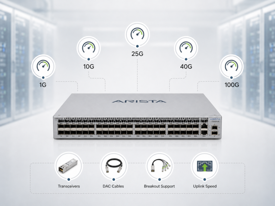 Arista switch with 1G, 10G, 25G, 40G, and 100G port speed options shown in a data center.