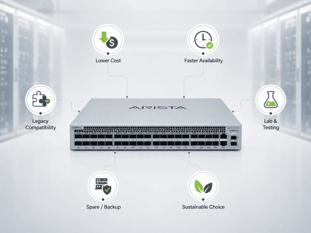 Refurbished Arista switch benefits, including lower cost and faster availability, shown with icons in a data center.