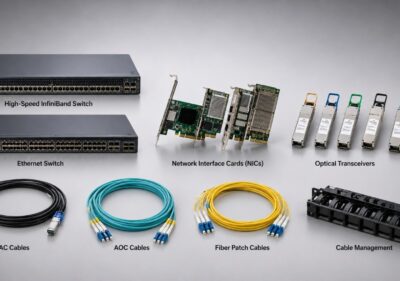 AI cluster networking hardware including switches, NICs, optical transceivers, and cables.