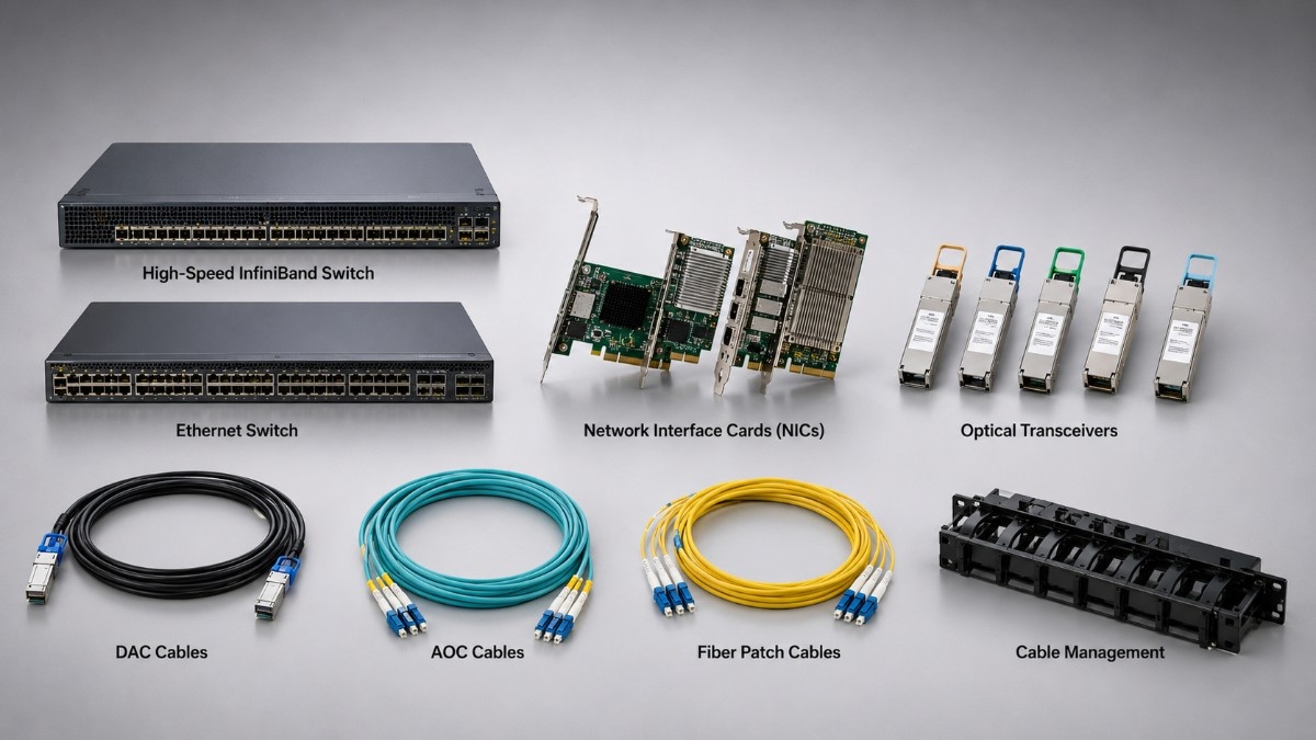 AI cluster networking hardware including switches, NICs, optical transceivers, and cables.