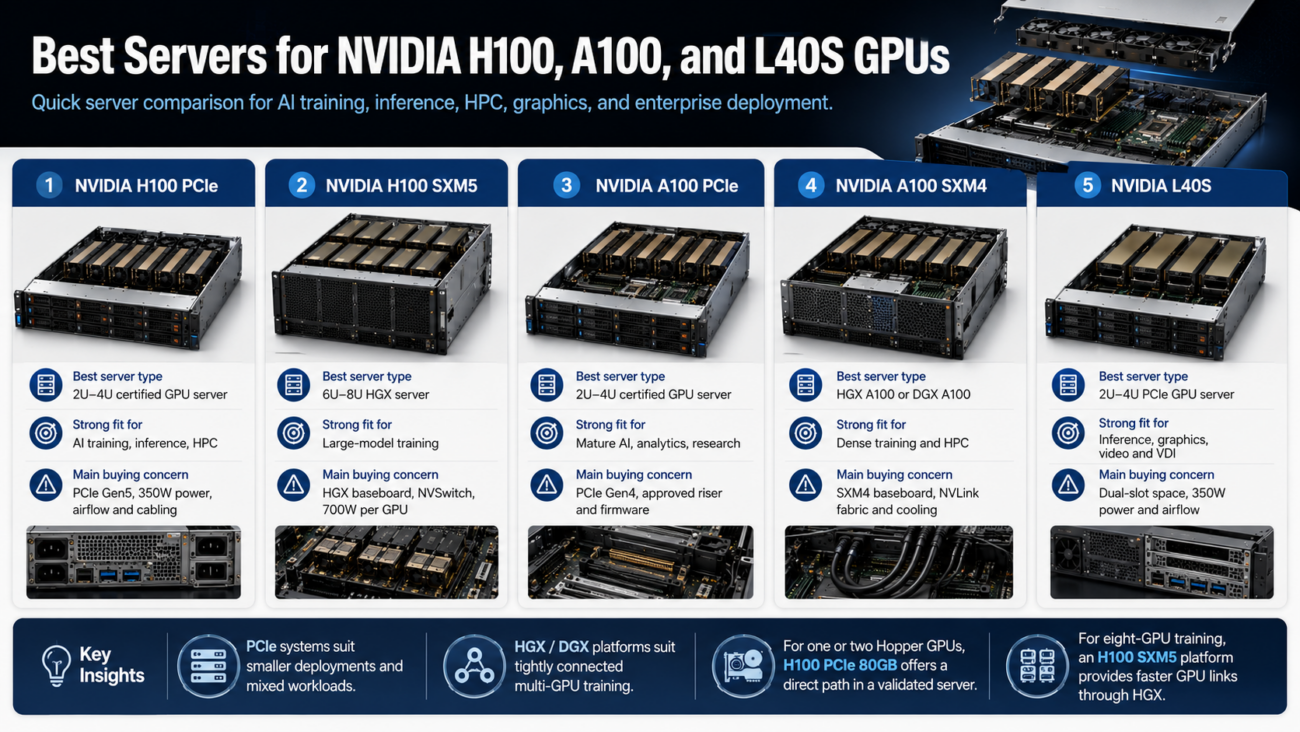 Comparison of NVIDIA H100 PCIe, H100 SXM5, A100 PCIe, A100 SXM4, and L40S servers with recommended uses and key buying concerns.