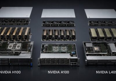 Exploded views of GPU servers built for NVIDIA H100, A100, and L40S cards, showing chassis, cooling, processors, memory, and GPU layouts.