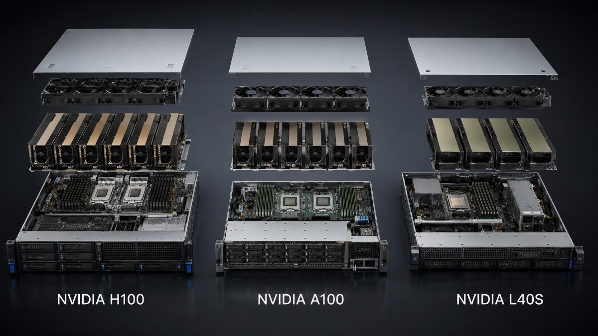 Exploded views of GPU servers built for NVIDIA H100, A100, and L40S cards, showing chassis, cooling, processors, memory, and GPU layouts.