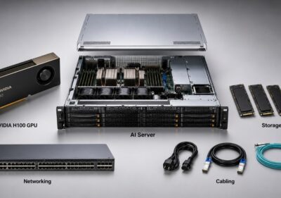 NVIDIA H100 AI server bundle showing the H100 GPU, rack server, NVMe storage, networking switch, power cables, and fiber connections.