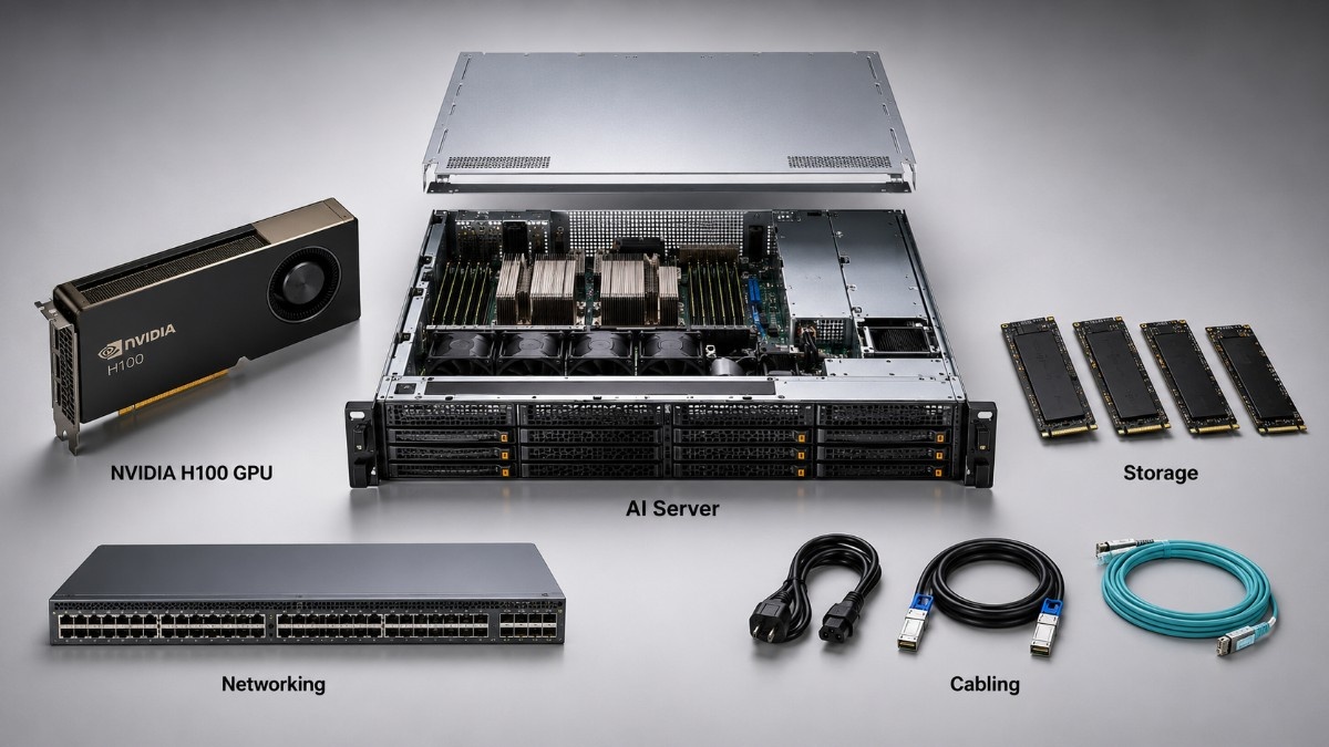 NVIDIA H100 AI server bundle showing the H100 GPU, rack server, NVMe storage, networking switch, power cables, and fiber connections.