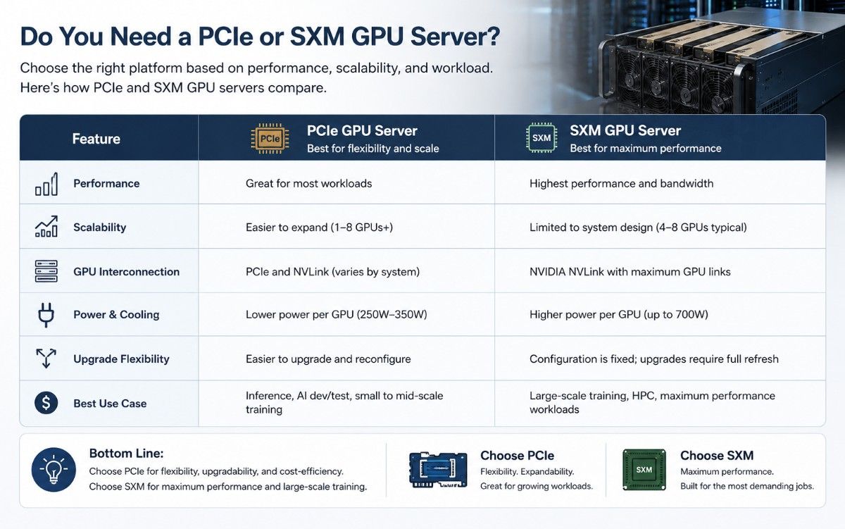 PCIe and SXM GPU server comparison covering performance, scalability, GPU links, power, cooling, upgrade flexibility, and ideal workloads.