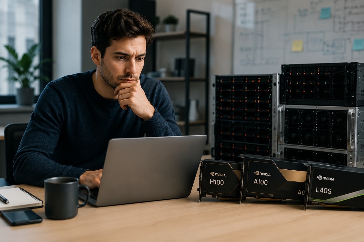 Buyer evaluating refurbished NVIDIA H100, A100, and L40S GPU servers in a realistic office workspace with server hardware on display.