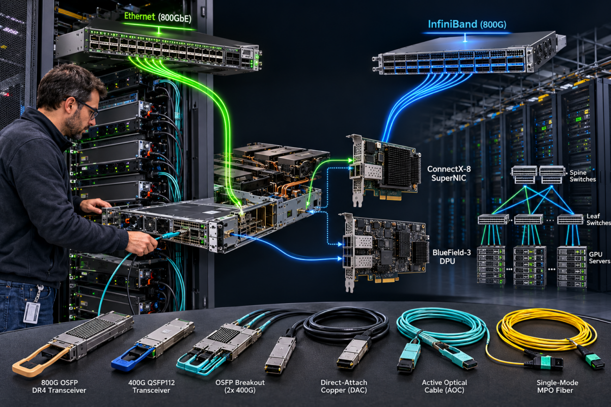A network engineer connects a partially opened GPU server in an AI data center while an infographic shows two alternative 800G cluster fabrics: green Ethernet and blue InfiniBand. ConnectX-8 SuperNIC and BlueField-3 DPU cards, leaf-and-spine switches, optical transceivers, copper cables, and fiber cables illustrate how data moves between GPU servers across the cluster.