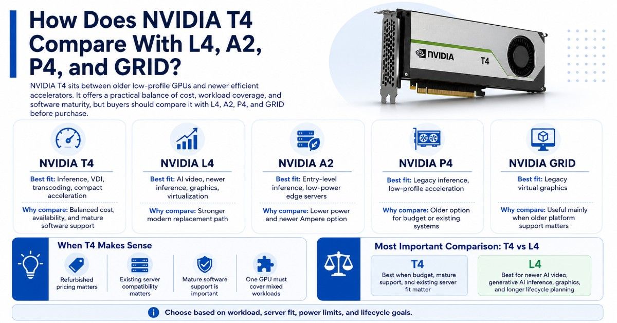 Blue and white comparison infographic showing NVIDIA T4 against L4, A2, P4, and GRID for workload fit, cost, and lifecycle planning.