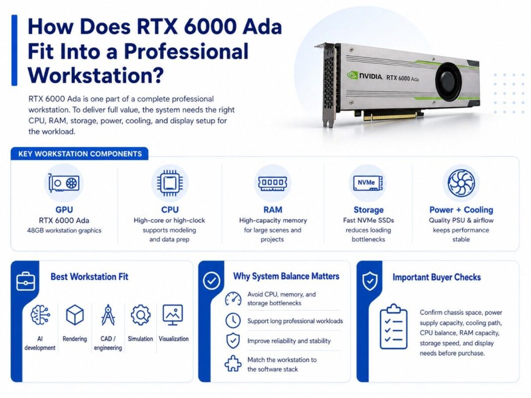 Infographic showing how NVIDIA RTX 6000 Ada fits into a balanced professional workstation build