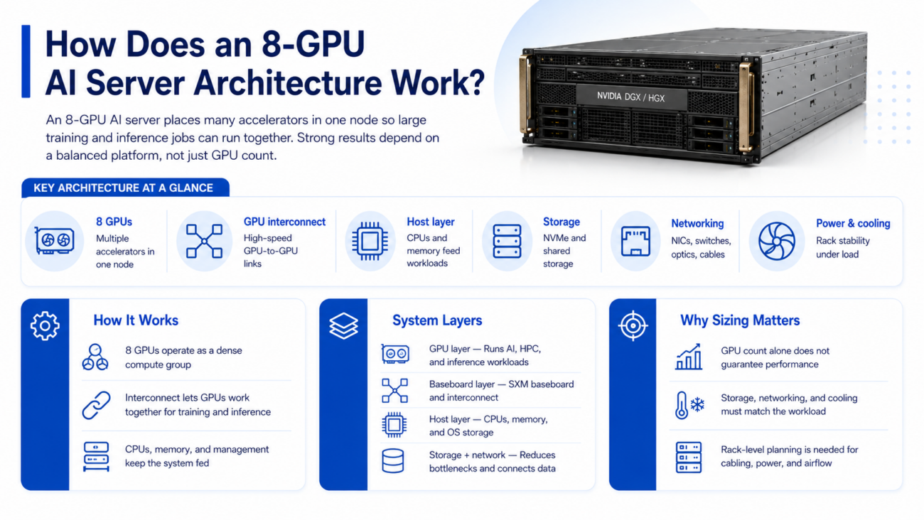 8-GPU AI server architecture infographic showing GPU interconnect, host layer, storage, networking, power, and cooling.