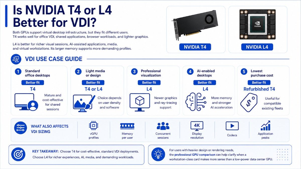 Blue-and-white infographic comparing refurbished T4, new T4, new L4, and used P4, with best-use cases, verification checks, and buyer tips for value.