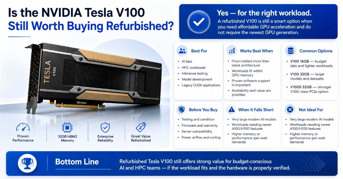 Blue and white infographic showing when a refurbished NVIDIA Tesla V100 is worth buying for AI labs, HPC, and legacy CUDA workloads.
