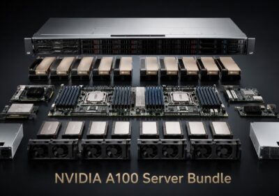 Exploded NVIDIA A100 server bundle showing rackmount chassis, GPUs, processors, memory, storage, cooling, power supplies, and server boards.