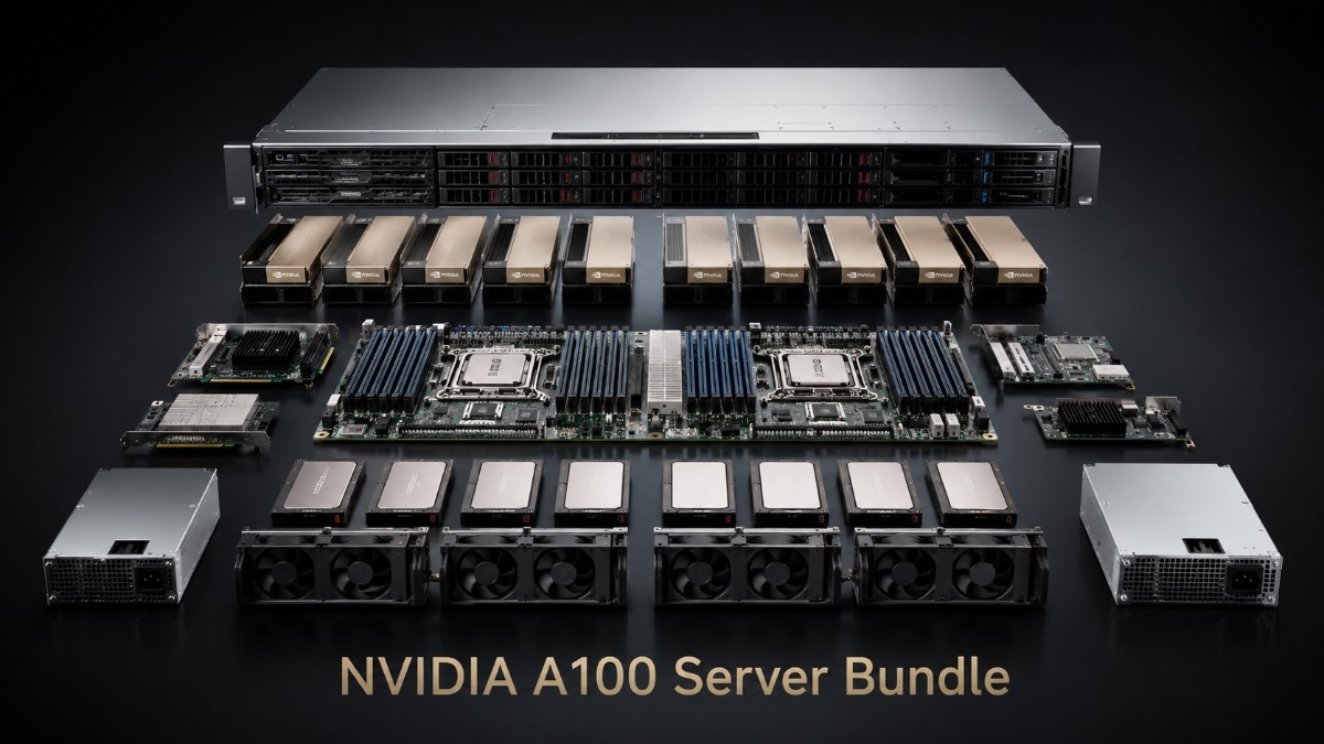 Exploded NVIDIA A100 server bundle showing rackmount chassis, GPUs, processors, memory, storage, cooling, power supplies, and server boards.