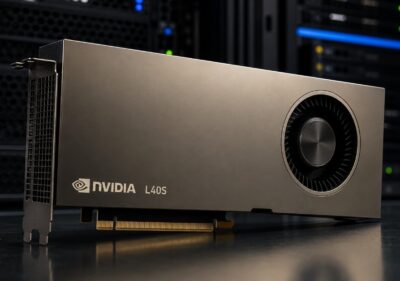Realistic NVIDIA L40S GPU product image in a premium data center setting for AI, rendering, and enterprise visualization.