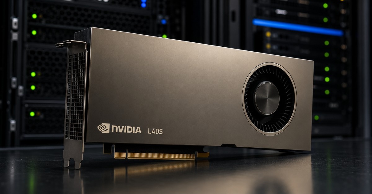 Realistic NVIDIA L40S GPU product image in a premium data center setting for AI, rendering, and enterprise visualization.