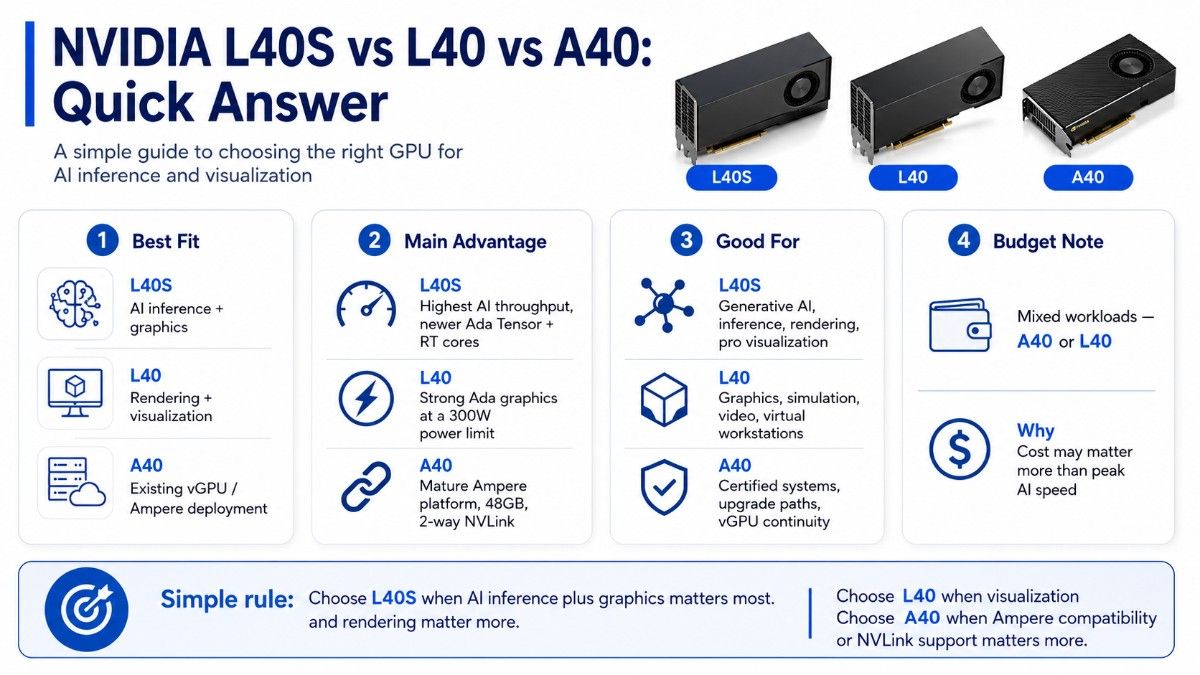 infographic comparing NVIDIA L40S, L40, and A40 by best fit, advantages, workloads, budget, and simple buying guidance.