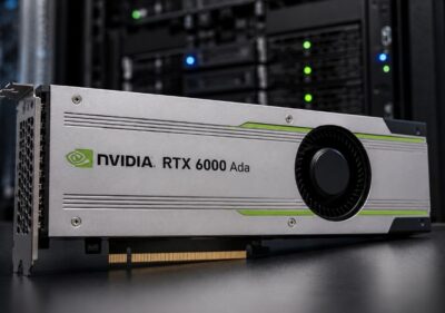 NVIDIA RTX 6000 Ada workstation GPU product image with branded side marking in a data center setting