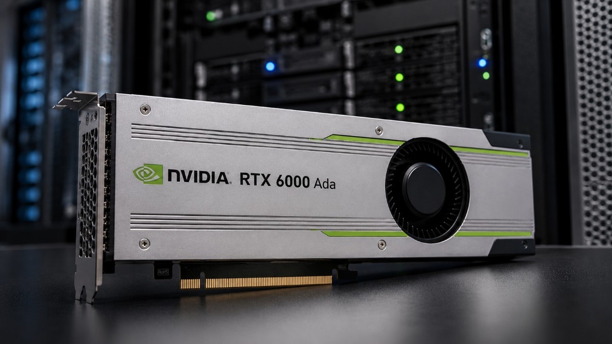 NVIDIA RTX 6000 Ada workstation GPU product image with branded side marking in a data center setting