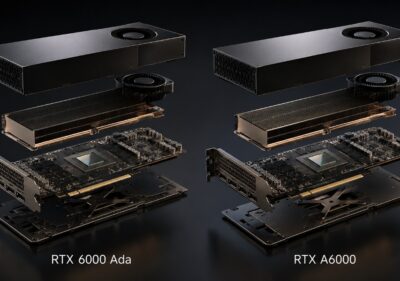 Exploded-view comparison of NVIDIA RTX 6000 Ada and RTX A6000 workstation GPUs, showing cooling, PCB, heatsink, and backplate.