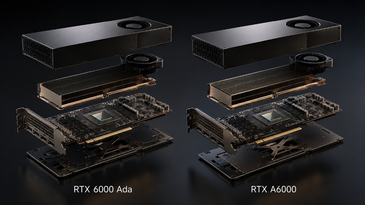 Exploded-view comparison of NVIDIA RTX 6000 Ada and RTX A6000 workstation GPUs, showing cooling, PCB, heatsink, and backplate.