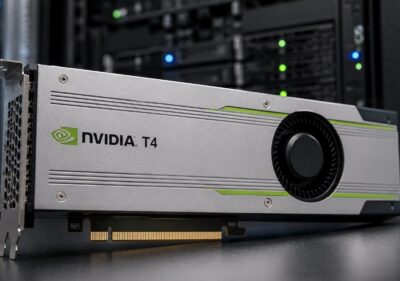 Realistic NVIDIA T4 GPU product image on a premium dark server-room background for AI, VDI, and compact acceleration.