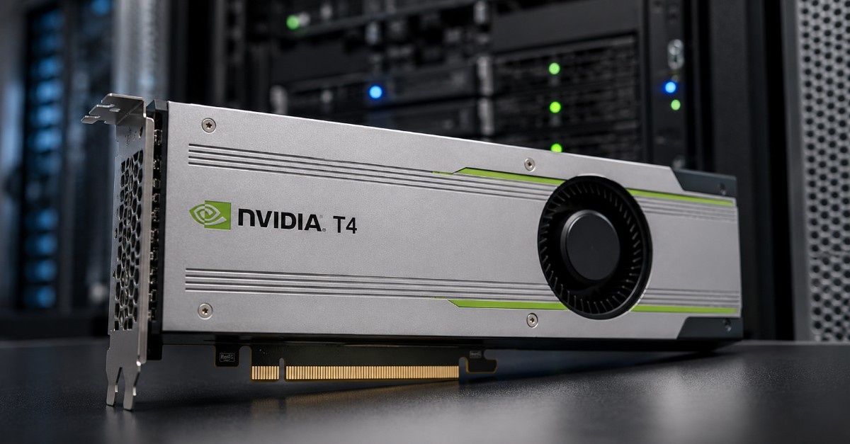 Realistic NVIDIA T4 GPU product image on a premium dark server-room background for AI, VDI, and compact acceleration.
