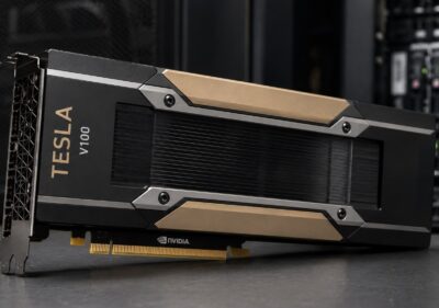 Premium realistic NVIDIA Tesla V100 GPU product image on a dark tech surface with server-room background.