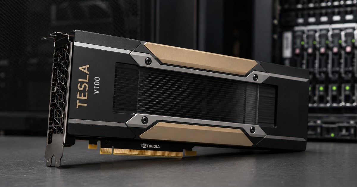 Premium realistic NVIDIA Tesla V100 GPU product image on a dark tech surface with server-room background.