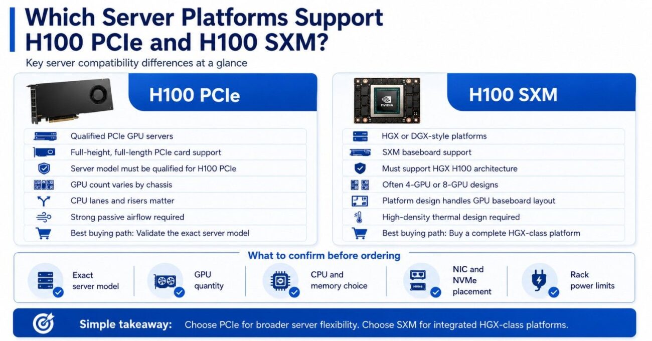infographic comparing server support for H100 PCIe and H100 SXM, including chassis, airflow, GPU count, and platform checks.