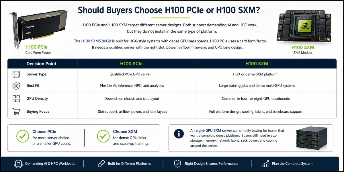 H100 PCIe and H100 SXM comparison showing their form factors, server compatibility, GPU density, workloads, and key buying considerations.
